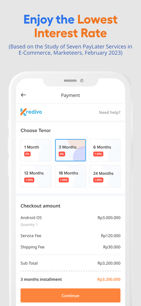 Kredivo app screen showing flexible payment installment options from 1 to 24 months with 0 percent interest rates