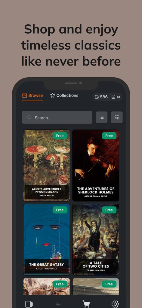 Browse screen of the Tribooks app showing a collection of free timeless classics like The Great Gatsby and Sherlock Holmes