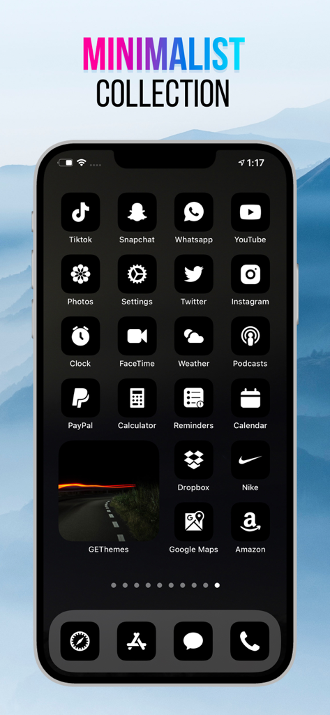 Themes - Icons App & Widget - Pantalla de iPhone mostrando una colección de iconos minimalistas en blanco y negro sobre un fondo de tema oscuro.