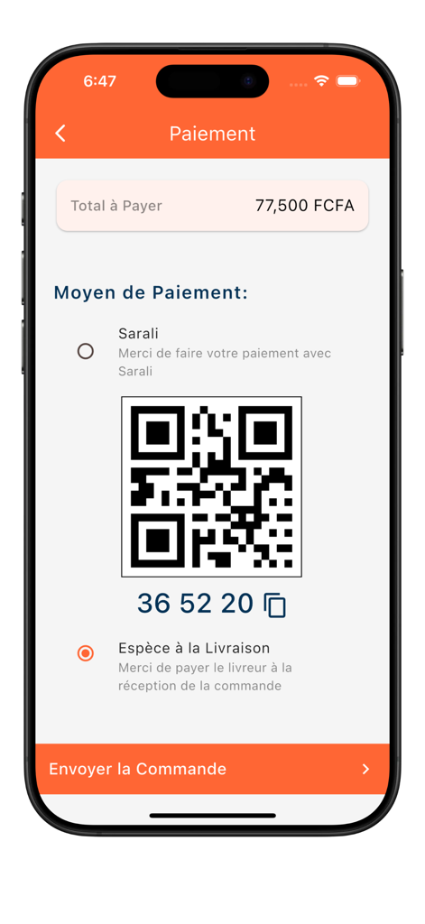 Payment screen of the fuel delivery app showing QR code and cash on delivery choices