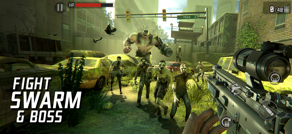 Zombie Sniper War 3D: Dead FPS - Vista de tirador en primera persona de un jugador apuntando un rifle a una horda de zombis y a un jefe gigante en una calle de ciudad en ruinas