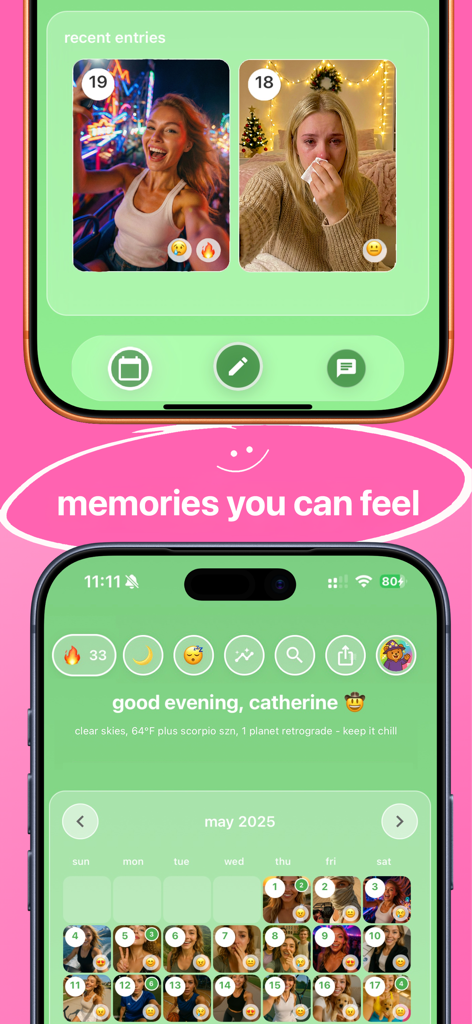 yap: dream astrology journal - Yap app interface showing a monthly emotion calendar and video journal entries.