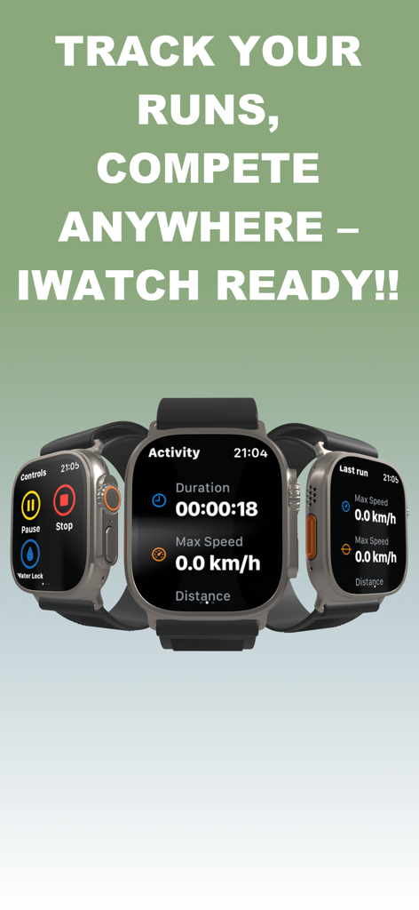 Apple Watch app screens showing ski run tracking, duration, and speed metrics