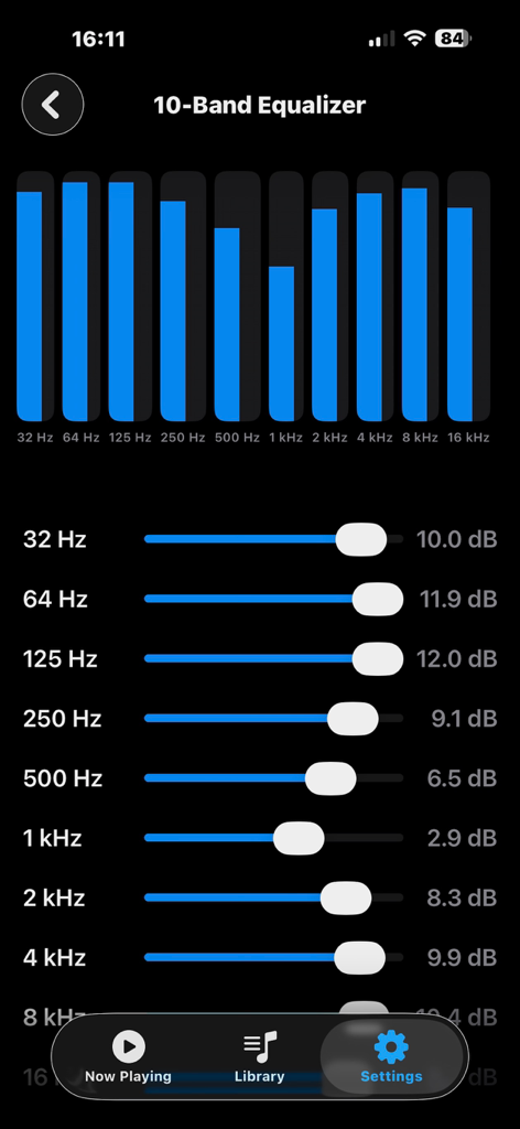 Whymzy Music Player - Interface showing the 10-band graphic equalizer in Whymzy Music Player