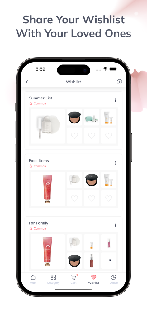 Farmasi International - Tela de lista de desejos do aplicativo móvel Farmasi International mostrando listas de produtos categorizadas como Lista de Verão e Itens Faciais para compartilhamento.