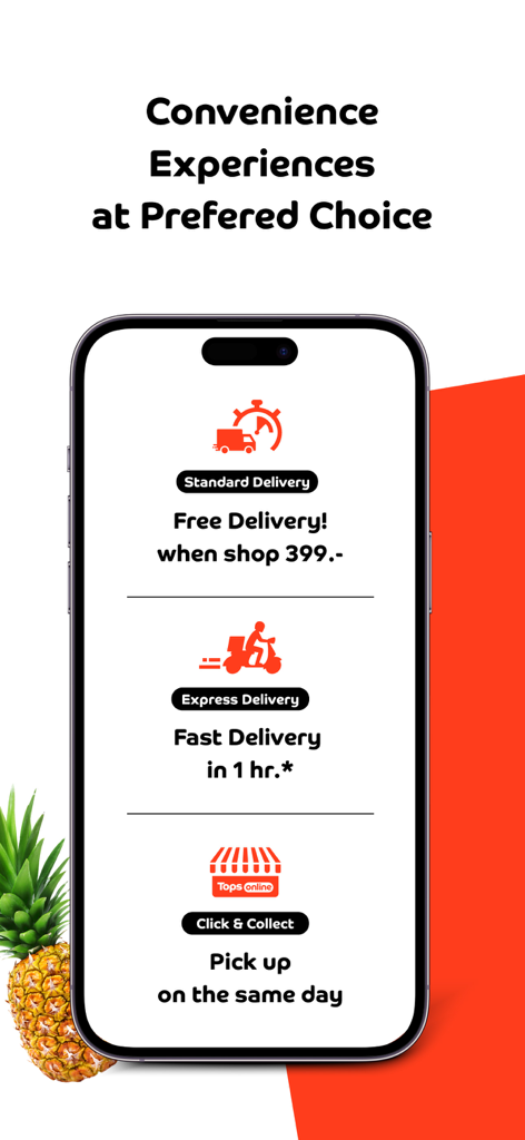 Tops Online app interface highlighting standard delivery, express 1-hour delivery, and same-day click and collect services.