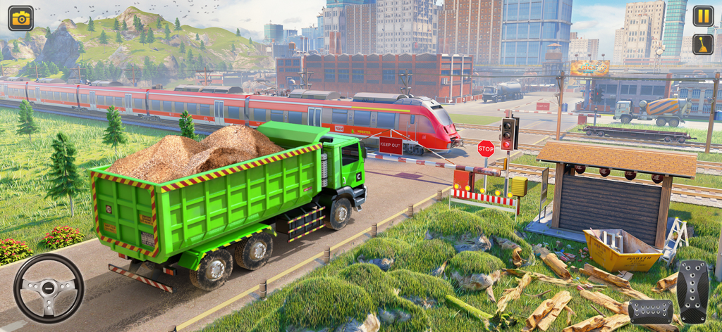 Construction Excavator Game 3d - Um caminhão basculante verde carregado de areia espera em uma passagem de nível ferroviária enquanto um trem vermelho passa no Jogo de Escavadora de Construção 3D.