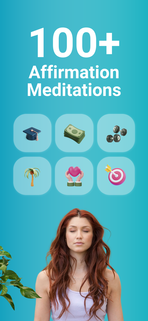 Selfpause: Your AI Life Coach - Eine Frau meditiert mit Symbolen, die Reichtum, Bildung und Gesundheit in der Selfpause-App darstellen