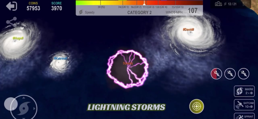 A purple lightning hurricane surrounded by other storms in the Hurricane.io mobile game interface.