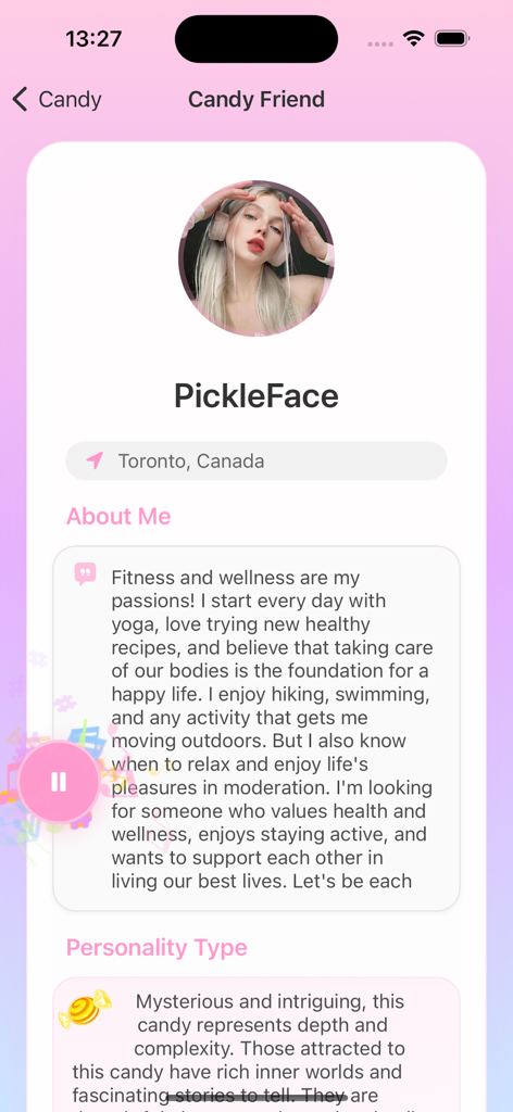 Candy Chat-Sweet Connections - A user profile on Candy Chat app showing a profile picture biography and candy personality type description.