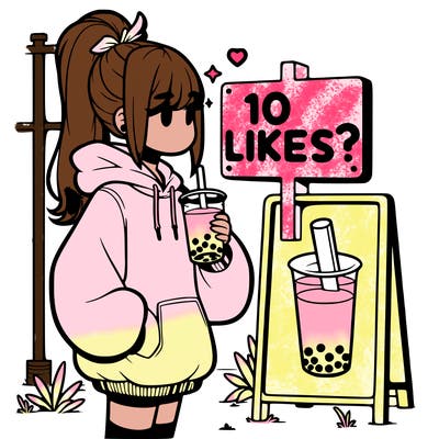 girl with oversized hoodie drinking boba and she has a high ponytail with a sign that says 10likes?