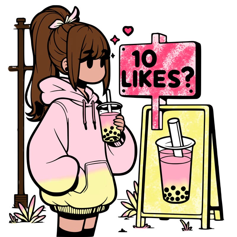 girl with oversized hoodie drinking boba and she has a high ponytail with a sign that says 10likes?