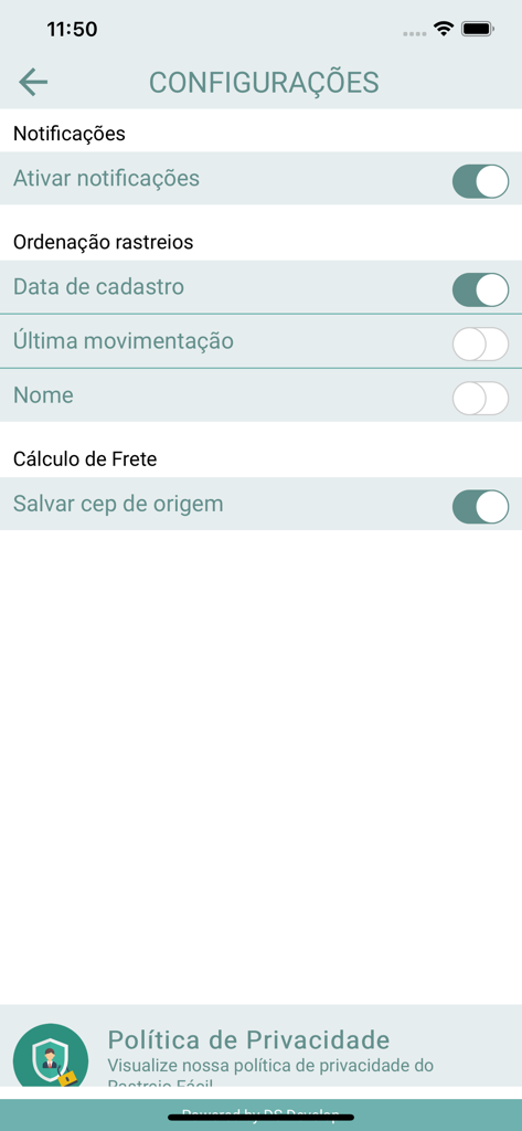 Rastreio Fácil - Settings screen of Rastreio Facil app showing notification and tracking sort options
