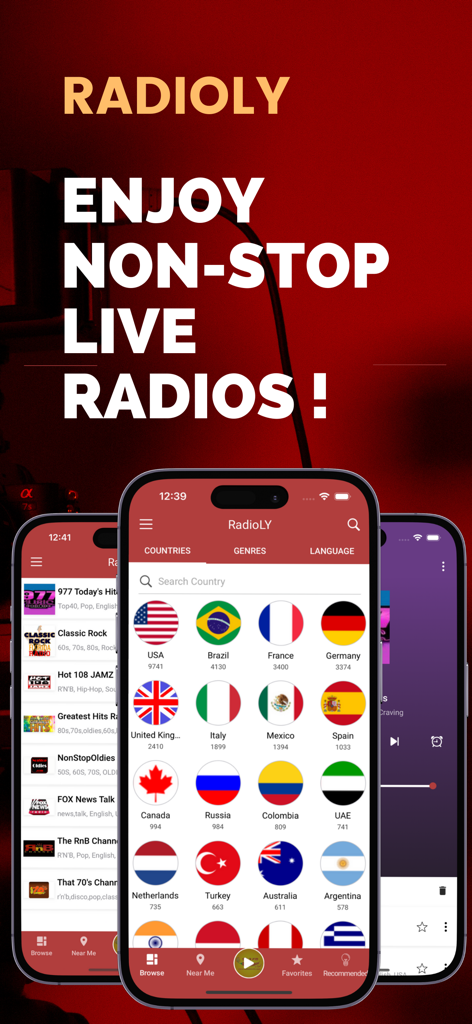 Écran promotionnel de l'application Radioly présentant des listes de stations de radio internationales et une sélection par pays avec des drapeaux