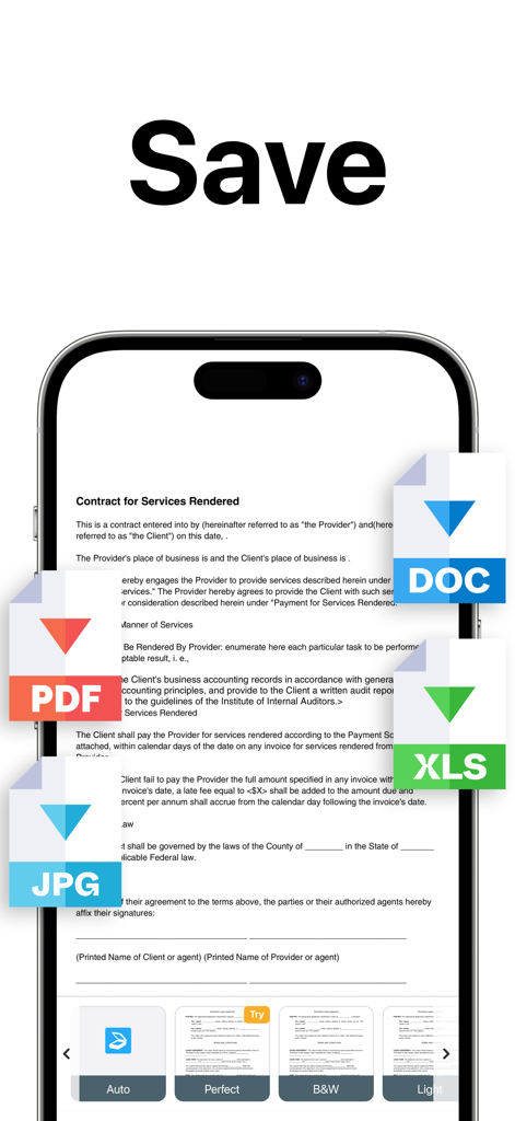 A smartphone screen displaying a scanned contract with options to save in PDF DOC XLS and JPG formats using TapScanner