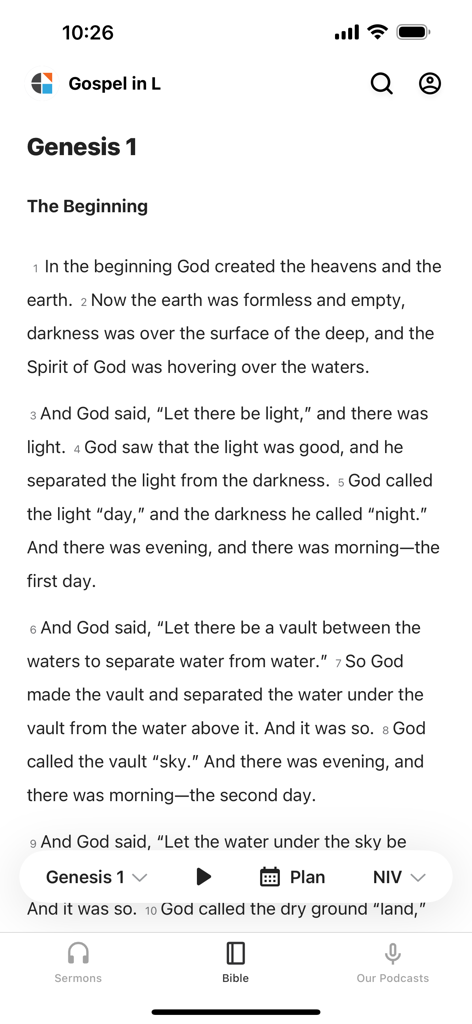 Gospel in Life - Bible reading screen in the Gospel in Life app showing Genesis 1