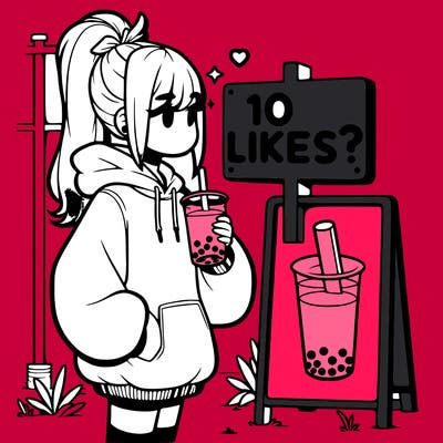 girl with oversized hoodie drinking boba and she has a high ponytail with a sign that says 10likes?