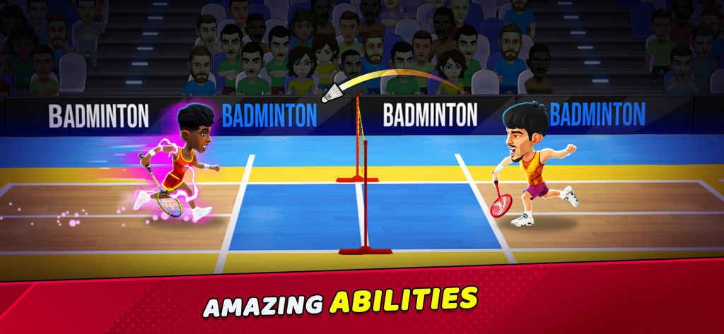 Un partido de bádminton 1 contra 1 en un estadio 3D mostrando dos personajes y un volante con el texto 'habilidades asombrosas'.