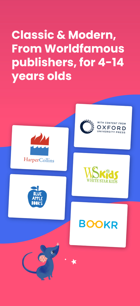 BOOKR Class Learn English - Logotipos de editoriales famosas como Oxford University Press y HarperCollins que aparecen en la aplicación BOOKR Class