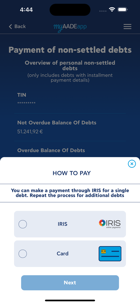 Mobile screen of the myAADEapp displaying payment options for Greek tax debts including IRIS and card payment