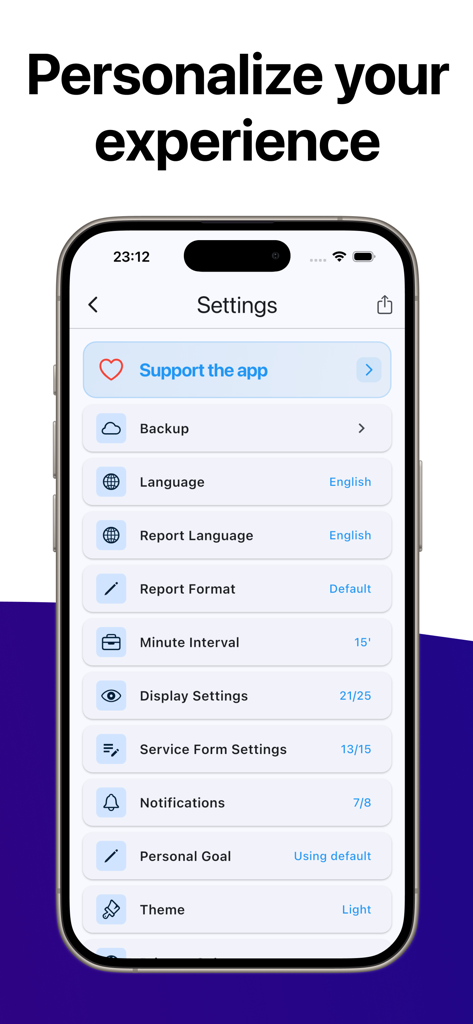 Ministry Assistant 2 - Pantalla de configuración para personalizar la experiencia de la aplicación Ministry Assistant 2