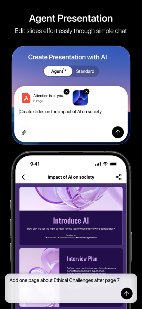 PopAi: AI Chat&Homework Helper - An interface showing the PopAi app creating and editing a slide presentation through a chat assistant