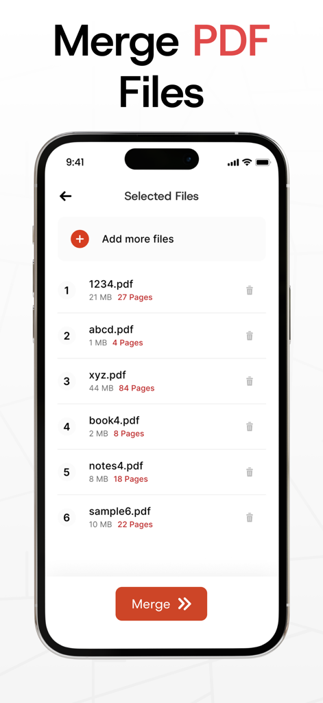 Merge PDF Files－Split PDF Docs - Eine mobile App-Oberfläche, die eine Liste ausgewählter PDF-Dokumente anzeigt, die bereit sind, zu einer einzigen Datei kombiniert zu werden