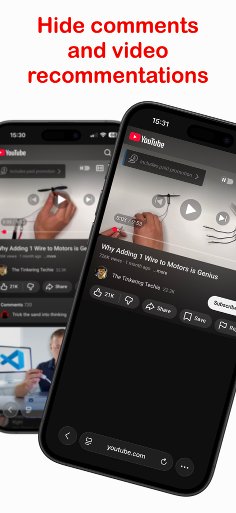 No Shorts: Blocker for YouTube - No Shorts app hiding YouTube comments and recommendations on iPhone Safari.