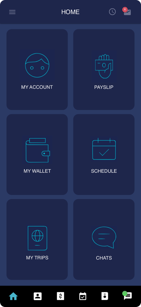 The Apollo Group - CrewApp - Main dashboard of The Apollo Group CrewApp showing menu options for account, payslip, wallet, schedule, trips, and chats.