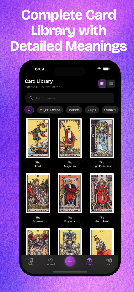 TarotLingo - TarotLingo app screen showing a digital library of tarot cards with images of the Major Arcana like The Fool and The Magician.