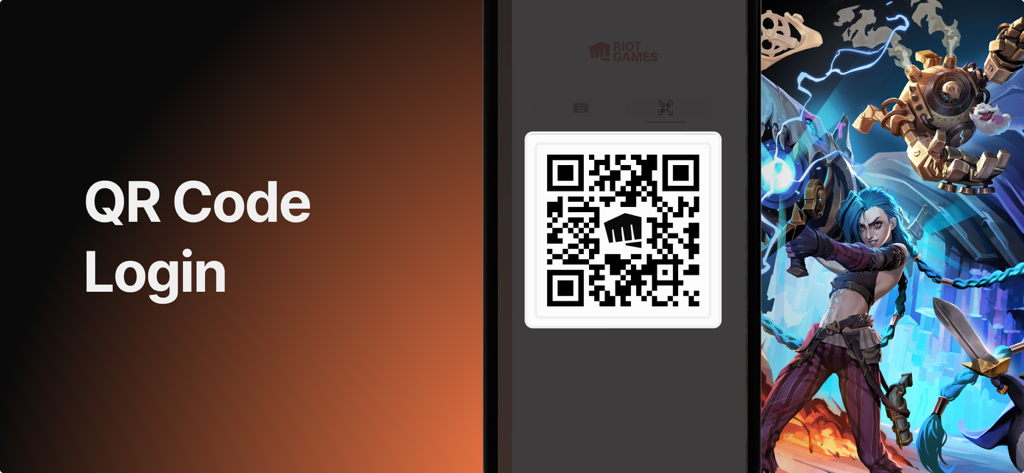 Riot Mobile QR-Code-Login-Bildschirm mit Jinx- und Blitzcrank-Artwork.