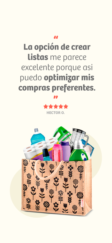 Reseña de usuario de cinco estrellas para la app Soriana elogiando la opción de crear listas de compras junto con una ilustración de una bolsa de comestibles llena