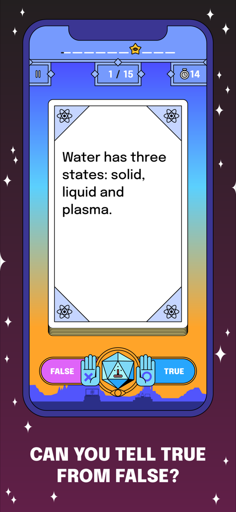 Dilemo - Gameplay dell'app Dilemo che mostra una carta di trivia vero o falso sulla scienza con interfaccia a swipe per decidere