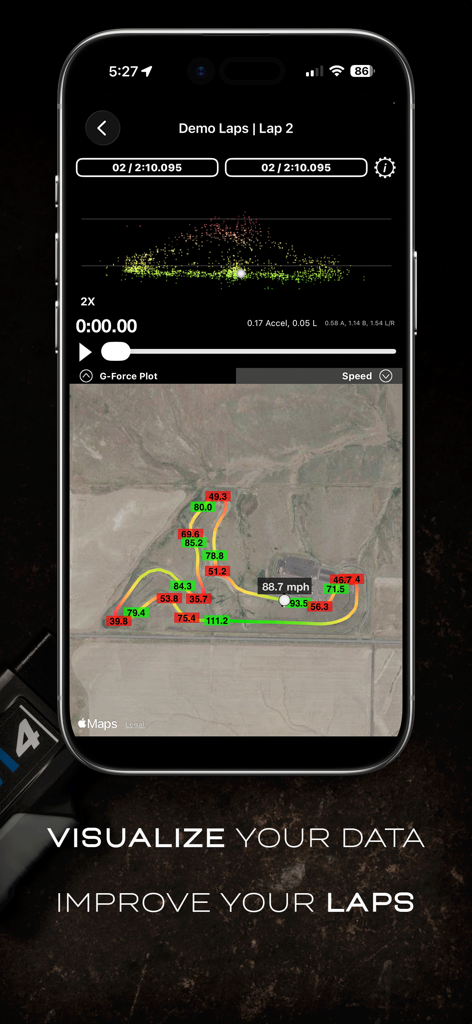 TrackAddict - TrackAddict motorsports app showing lap analysis with GPS track map and telemetry data