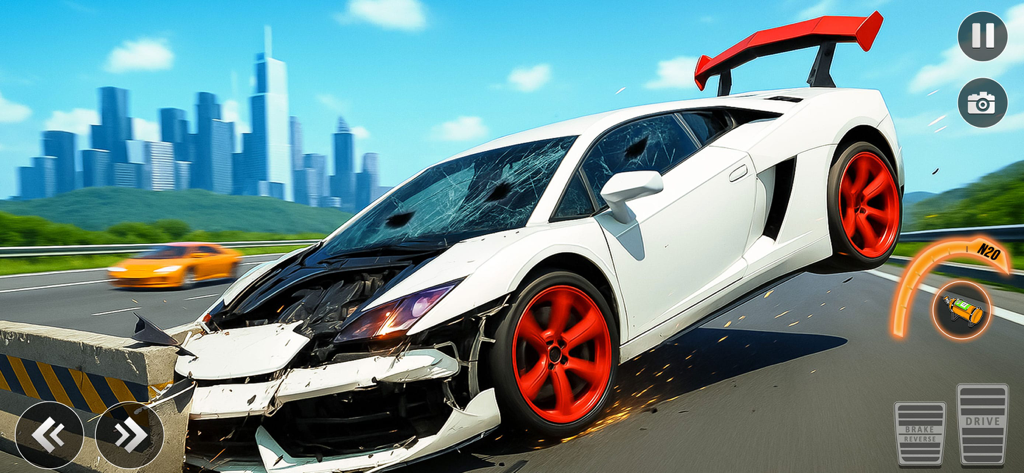 Beam Drive 3d Car Crash Sim - A white supercar crashing into a concrete barrier with realistic damage physics