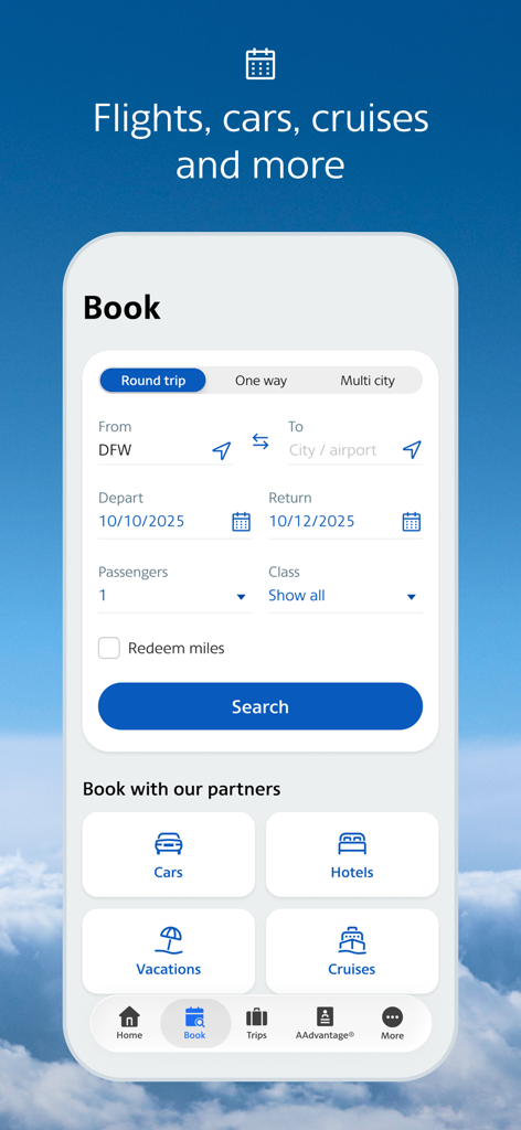 American Airlines app booking screen for flights, cars, hotels, and cruises.