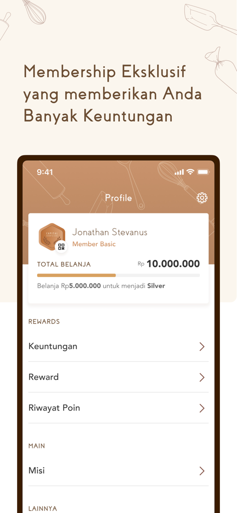 Capital Bakery - Capital Bakery mobile app profile page showing loyalty membership details and rewards options