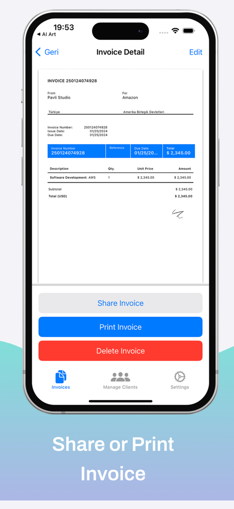 Interface do aplicativo móvel mostrando uma prévia de fatura profissional em PDF com opções para compartilhar ou imprimir.