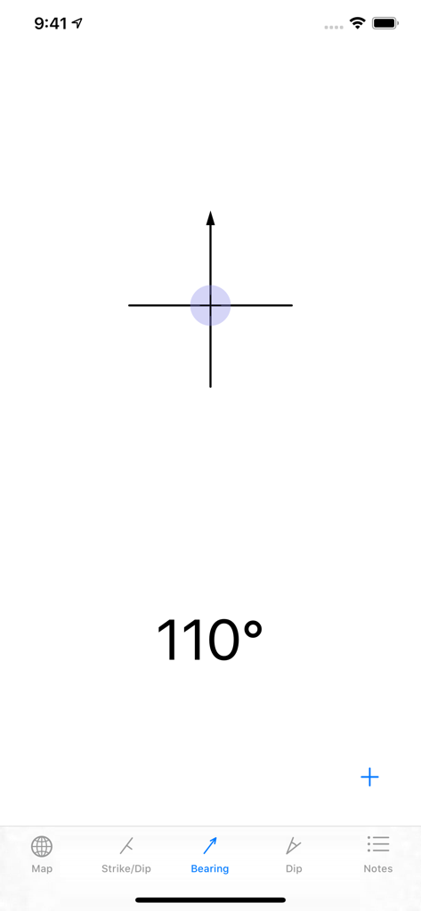 Strike and Dip - Strike and Dipアプリの方位測定画面。地質フィールドワークのために110度を表示しています。