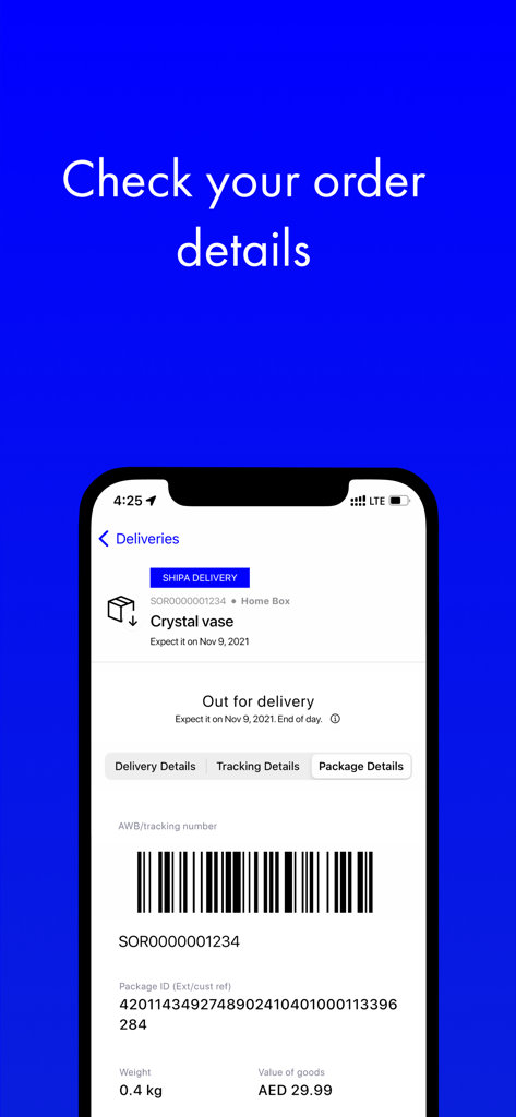 Shipa delivery - Shipa Delivery mobile app interface showing package tracking information and order status