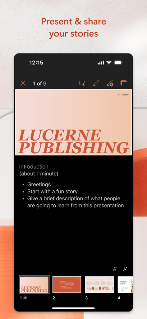 Microsoft PowerPoint mobile app interface displaying a presentation slide with speaker notes