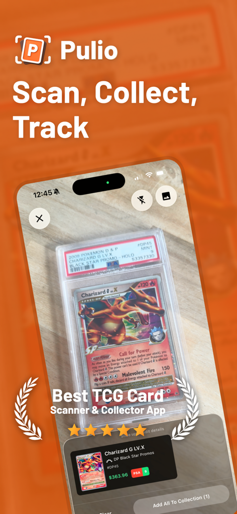 Aplicativo móvel Pulio digitalizando uma carta de Pokémon graduada para identificar seu valor de mercado e detalhes da coleção
