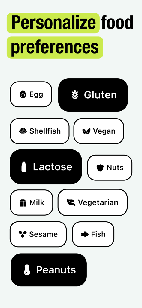 Interface do aplicativo móvel para personalizar preferências alimentares e restrições dietéticas como glúten, lactose e amendoim