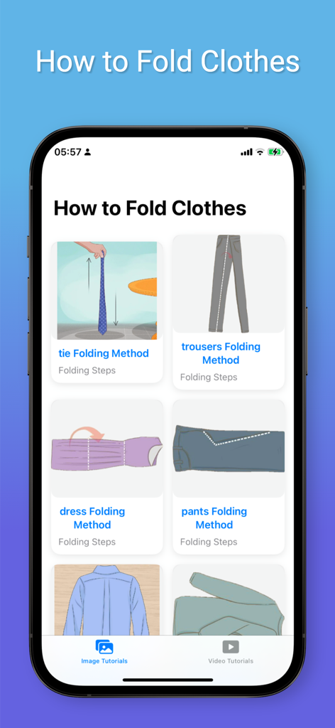 How To Fold Cloth - Main menu of the How To Fold Cloth app showing various garment folding categories like ties and trousers