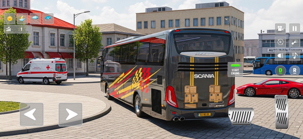 Trip Bus Simulator - Bus Games - Um ônibus moderno cinza estacionado em uma praça da cidade com controles de jogo para celular
