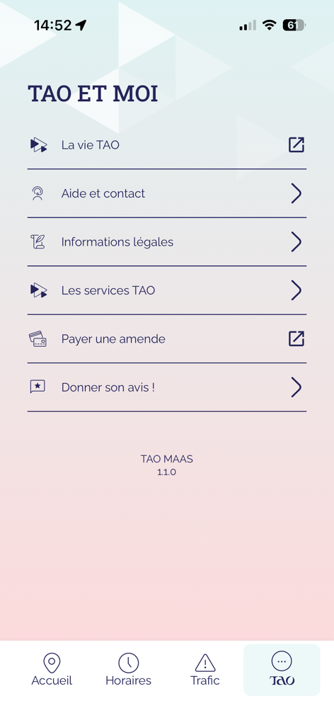 Tao Orléans - Tao Orleans mobile app menu screen with options for help and information