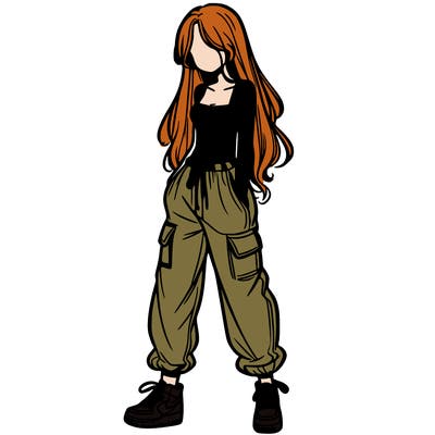 girl in baggy pants crop top and long hair