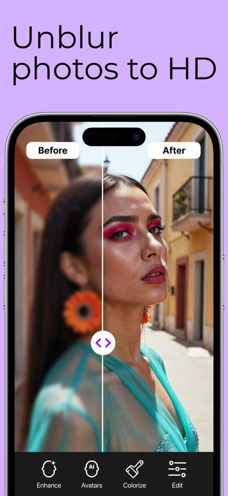 PhotoBoost - AI Photo Enhancer - Before and after comparison of a blurry portrait enhanced to HD using PhotoBoost AI