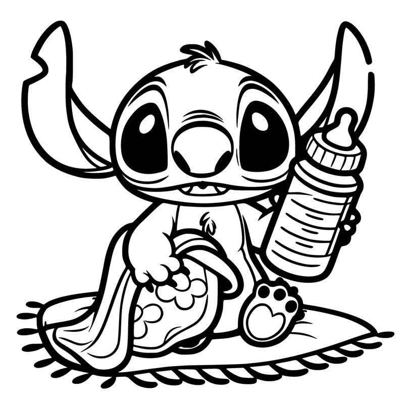 baby stitch holding a baby blanket and a bottle