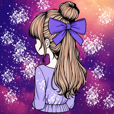realistic girl  with hip length hair a bun and a big bow on the back of head